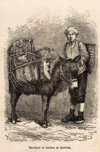 Ein Kohlenhändler mit seinem Esel in Djewilisk (Nordanatolien), graviert nach einer Zeichnung des Erzählers, zur Illustration einer Reise in Lazistan und Armenien, 1869, von Theophile Deyrolle, veröffentlicht in „Le tour du monde“ 1875, herausgegeben von E von Theophile Louis Deyrolle