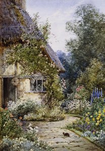 Ein Cottage-Garten mit einer Katze im Vordergrund; und eine Cottage-Grenze im Sommer