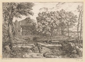 Arkadische Landschaft mit einer Ziegenherde am Wasser und einer Mutter mit Kind auf einem Weg mit weiteren Figuren von Théodore