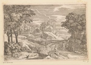 Arkadische Landschaft mit einer Frau bei einer Vase und anderen Figuren von Théodore
