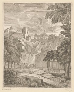 Arkadische Landschaft mit einem Wasserfall und einer Frau unter einem Baum von Théodore