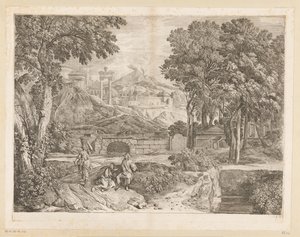 Arkadische Landschaft mit zwei Männern und einer Frau mit Früchten von Théodore