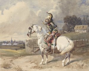 Französischer Dragoner auf einem weißen Pferd, nach links gewandt, im Profil von Théodore Fort (signed by artist)