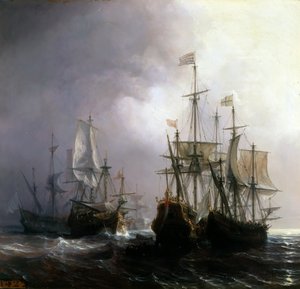 Eroberung von drei niederländischen Handelsschiffen durch die französischen Schiffe Fidèle, Mutine und Jupiter, 1711 von Jean Antoine Theodore Gudin