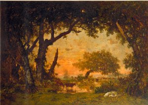 Ausgang des Waldes in Fontainebleau, Sonnenuntergang von Pierre Etienne Theodore Rousseau