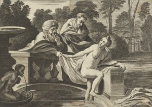 Susanna, teilweise nackt und aus einem Brunnen tretend, mit zwei Ältesten links, einer o..., ca. 1656-60 von Théodorus van Kessel