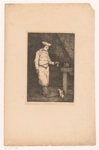 Dunkles Interieur mit einem Koch, der ein Stück Fleisch für eine Katze hochhält von Théodule Augustin Ribot