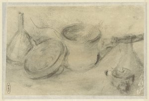 Skizze eines Stilllebens mit Pfannen und einer Flasche von Théodule Augustin Ribot