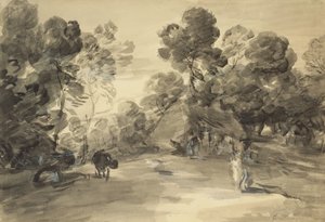 Waldlandschaft mit Figuren, Hütte und Kuh von Thomas (after) Gainsborough