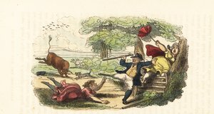 Eine Familie von Botanikern wird von einem angreifenden Stier auf einem Feld angegriffen (1831) (Gravur) von Thomas (after) Rowlandson