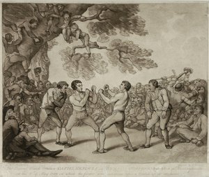 Der Boxkampf zwischen Daniel Mendoza und Richard Humphreys in Stilton, Huntingdonshire, 6. Mai 1789, graviert von Joseph Grozer von Thomas (after) Rowlandson