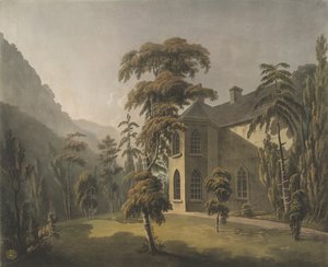 Diese Ansicht im Tal von Llangollen, Plas Newydd mit dem Bibliotheksfenster mit Blick auf den Garten