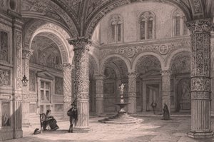 Hof des Palazzo Vecchio in Florenz, Toskana, Italien, Stahlstich von James Tingle nach einer Zeichnung von Thomas Allom von Thomas Allom