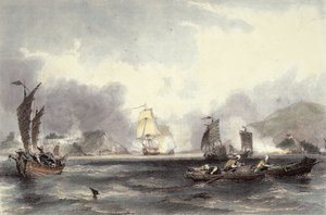 HM Schiffe Imogene und Andromache passieren die Batterien der Bocca-Tigris, ca. 1850