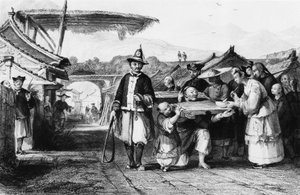Bestrafung mit Tcha oder Cangue (Holzjoch oder Pranger), Gravur von Thomas Allom (1804-1872) aus 