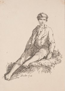 Beispiele der Polyautographie: Junge sitzt auf einer grasbewachsenen Bank von Thomas Barker