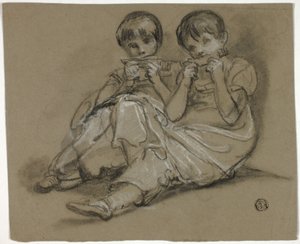 Zwei Mädchen spielen auf Kämmen (recto); Skizze einer sitzenden Frau mit Fragment einer anderen Figur (verso) von Thomas Barker