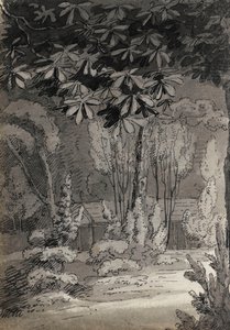 Ein Blick durch Bäume auf ein einstöckiges Gebäude (verso) von Thomas Baxter