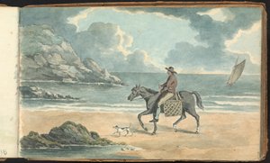 Album mit Landschafts- und Figurenstudien: Mann reitet ein Pferd am Strand
