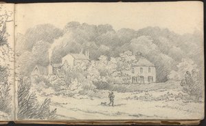 Album mit Landschafts- und Figurenstudien: Ländliche Szene mit Häusern und einem Jäger und seinem Hund von Thomas Bradshaw