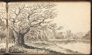 Album mit Landschafts- und Figurenstudien: Bäume entlang eines Flusses mit Gebäuden in der Ferne