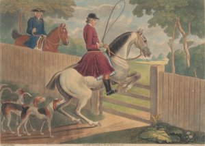 Jagd [zwei von zwölf]: 7. [Ein Reiter setzt sein Pferd über ein Tor]