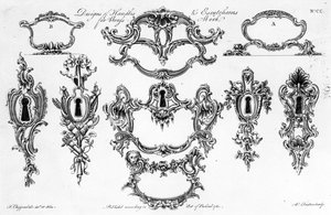 Entwürfe von Griffen und Schlüsselschildern für Messingarbeiten, Druck von W. Foster, 1761