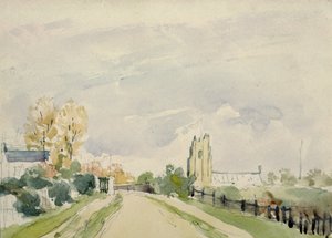 Landschaft in Suffolk, eine breite Straße mit einem kleinen Haus, einer Kirche und Bäumen von Thomas Churchyard