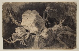 Jäger steht in einer Höhle nahe einem Felsen und Wasserfall von Thomas Cole
