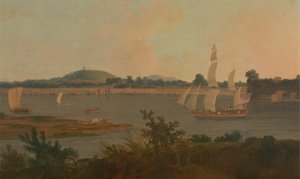 Pinnace segelt den Ganges hinunter am Monghyr Fort vorbei von Thomas Daniell