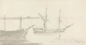 Zwei vertäute Schiffe und ein Fischerboot von Thomas Daniell