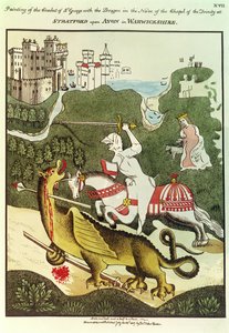 St. Georg und der Drache, nach einem Originalgemälde in der Kapelle der Dreifaltigkeit in Stratford Upon Avon, Warwickshire, 1804 von Thomas Fisher Hoxton