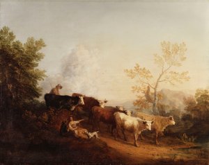 Abend; Eine Landschaft mit heimkehrenden Rindern