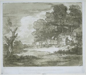 Landschaft mit einem von Pferden gezogenen Wagen entlang eines Wasserlaufs und Waldrands