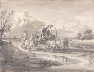 Offene Landschaft mit Reitern und bedecktem Wagen