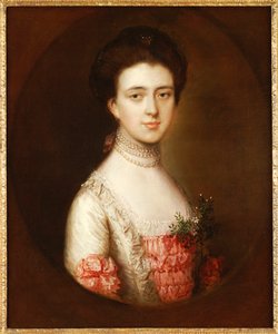 Porträt einer Dame, Brustlänge, in einem rosa-weißen Kleid mit Spitze und einer Perlenkette von Thomas Gainsborough