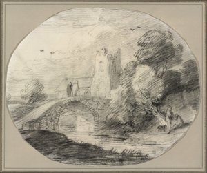 Flusslandschaft mit Brücke und Kirche von Thomas Gainsborough