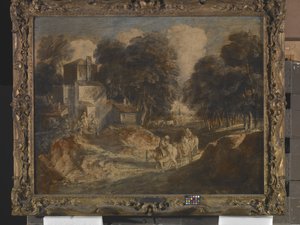 Bewaldete Landschaft mit berittenen Bauern von Thomas Gainsborough