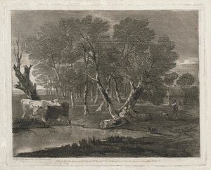Waldlandschaft mit Kühen an einem Teich, Figuren und Hütte, veröffentlicht 1797 von Thomas Gainsborough
