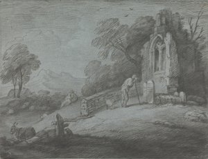 Bewaldete Landschaft mit Bauer, der einen Grabstein liest, rustikale Liebhaber und verfallene Kirche von Thomas Gainsborough