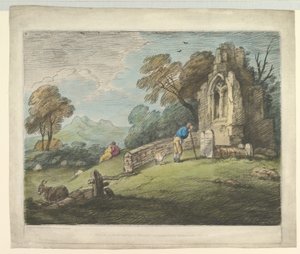 Waldlandschaft mit Bauer, der einen Grabstein liest, rustikale Liebende und verfallene Kirche, 1. August 1797 von Thomas Gainsborough