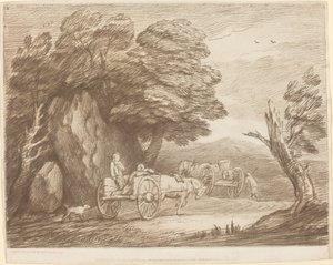 Bewaldete Landschaft mit zwei Landkarren und Figuren
