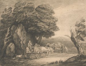 Bewaldete Landschaft mit zwei Landkarren und Figuren