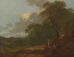 Bewaldete Landschaft mit einem Mann, der mit zwei sitzenden Frauen spricht