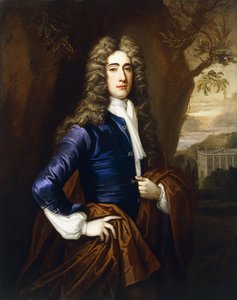 Porträt eines Gentlemans, 37 Jahre alt, Dreiviertellänge, in einem blauen Mantel und einem braunen Umhang, mit einem Haus im Stil von Smith of Warwick im Hintergrund, 1710