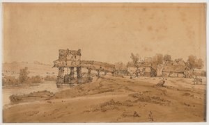 Eine Auswahl von zwanzig der malerischsten Ansichten in Paris: Die Wassermühle oberhalb der Brücke von Charenton von Thomas Girtin