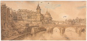 Eine Auswahl von zwanzig der malerischsten Ansichten in Paris: Ansicht von Pont au Change, dem Stadttheater, Pont Neuf, Conciergerie-Gefängnis, und aufgenommen von Pont Notre Dame von Thomas Girtin