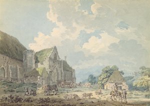 Die Zehntscheune in Abbotsbury mit der Abtei auf dem Hügel, ca. 1795 von Thomas Girtin