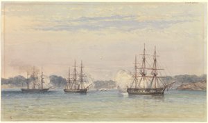 Der China-Krieg 1857, drei Schiffe Ihrer Majestät bombardieren und Schiffsboote an Land von Thomas Goldsworth Dutton