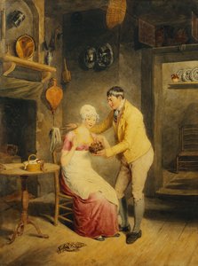 Müßige Momente: Ein Junge zeigt einem Mädchen ein Nest mit Jungvögeln in einem Innenraum von Thomas Heaphy